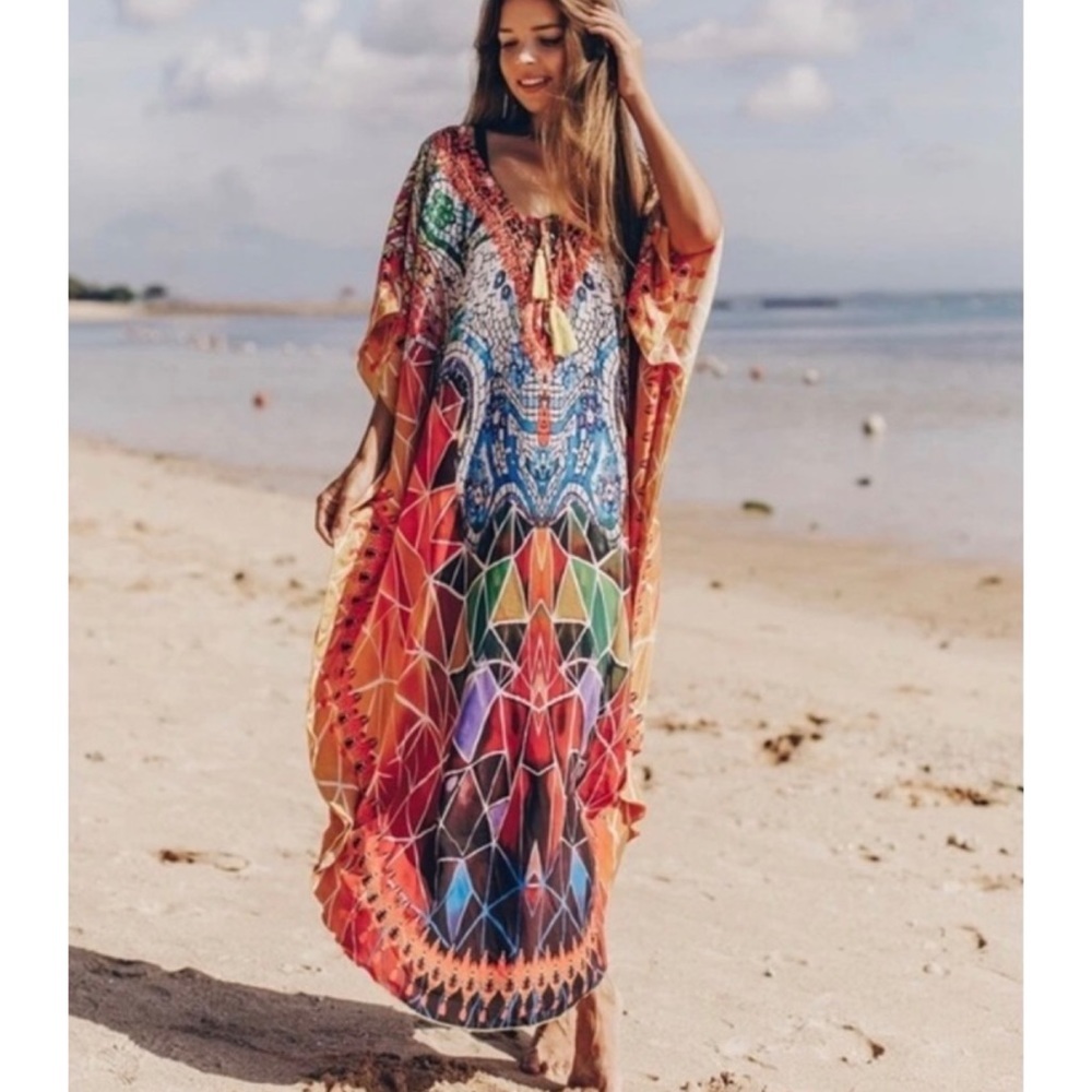 𝅺Boho Geometric Chakra Rainbow Tassel Caftan OS